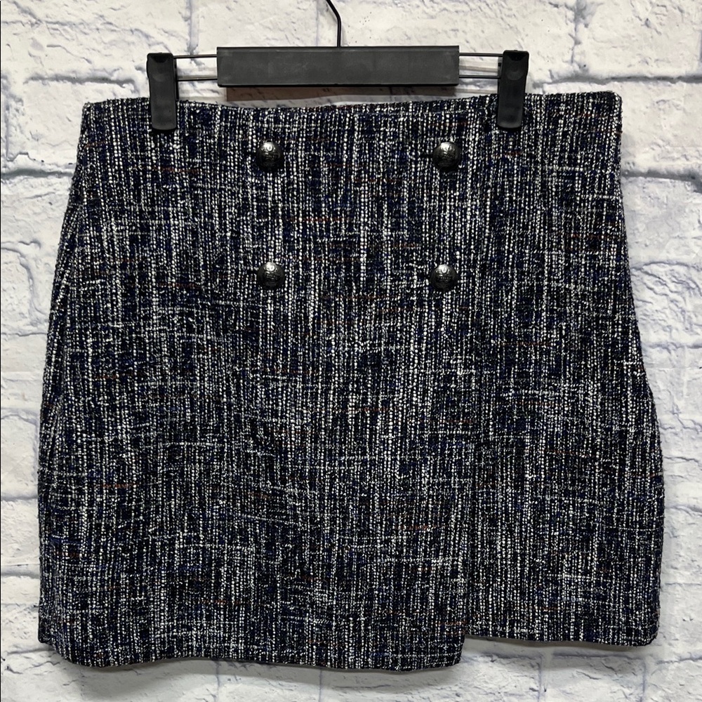 LOFT Navy and White Tweed Silver -Button Flap Asymmetrical Skirt